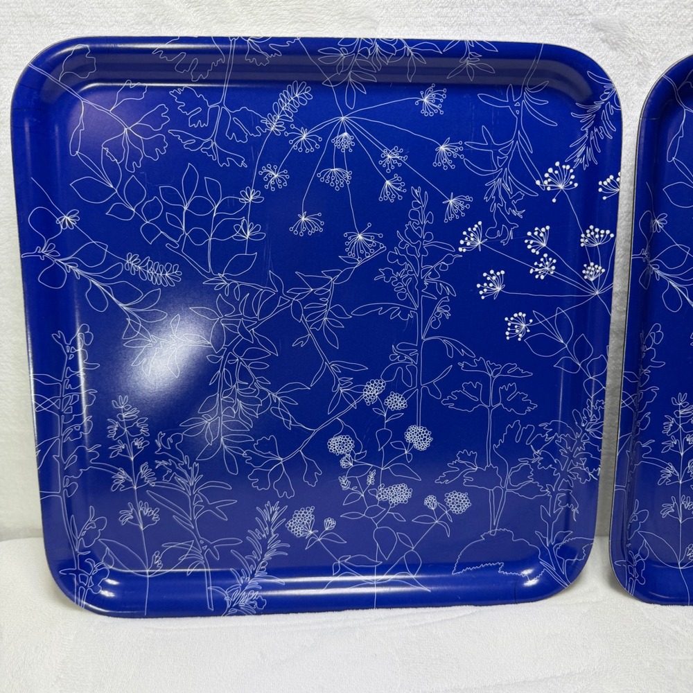 Ikea 2 Cobalt Blue Serving Trays Botanical Floral White Line Art Made in Turkey